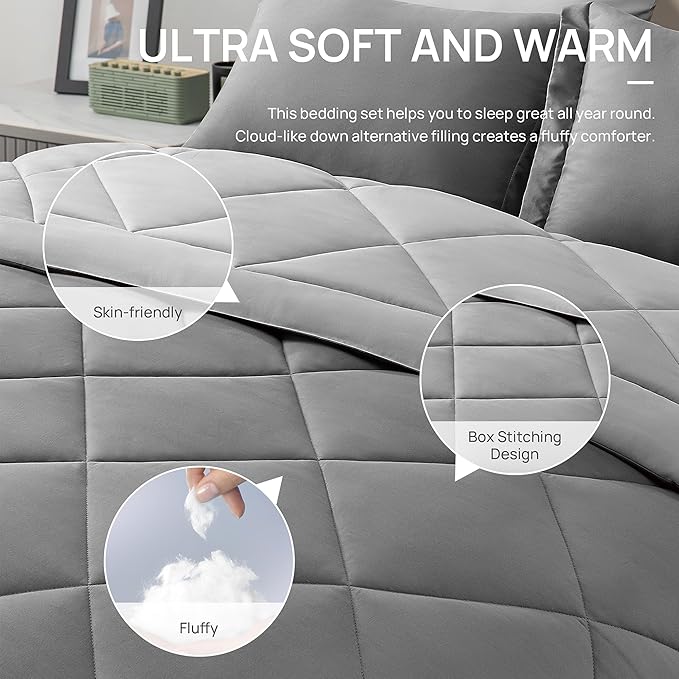 Love's cabin King Size Comforter Set Grey, 7 Pieces King Bed in a Bag, All Season Bedding Sets with 1 Comforter, 1 Flat Sheet, 1 Fitted Sheet, 2 Pillowcase and 2 Pillow Sham