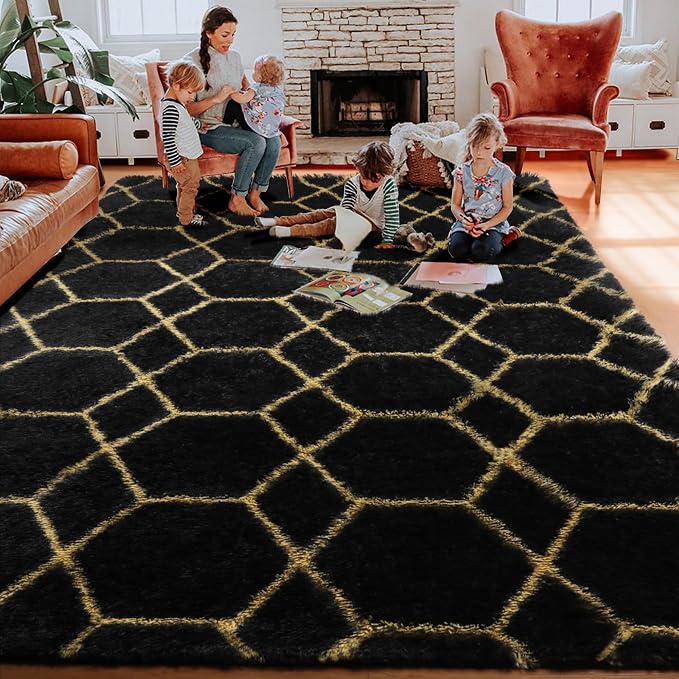 8x10 Area Rugs for Living Room, Fluffy Black and Gold Bedroom Geometric Rug | - Image 7