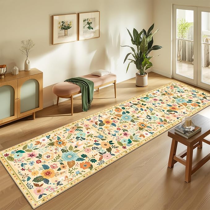 Floral Washable 2x8 Area Rugs Runner Entryway Hallway Ivory/Yellow | Flower by RELEANY