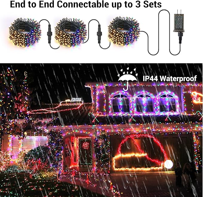 Brizled Christmas Tree Lights, 115ft 300 LED Color Changing Christmas Lights with Remote, 11 Modes Warm White & Multicolor Light String Connectable 24V Xmas Light Green Wire for Xmas Home