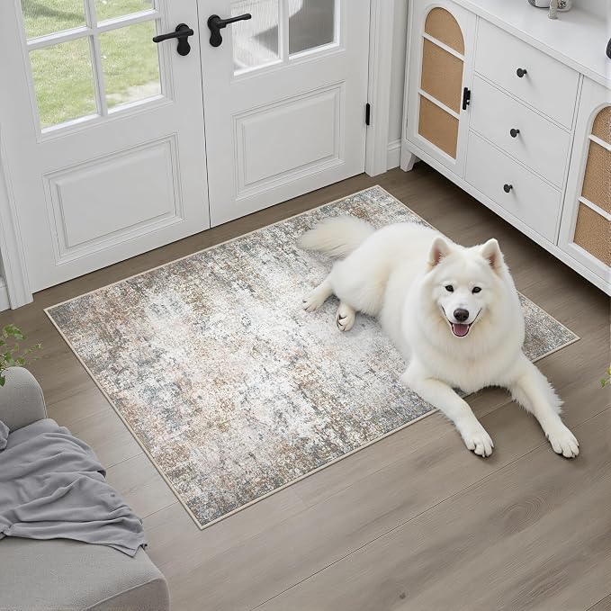 2x3 Washable Entryway Rug: Modern Abstract Indoor Soft Carpet Brown | - Image 2