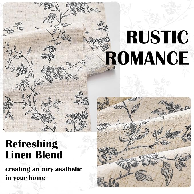 Black Vintage Floral Linen Curtains Farmhouse 38W X 84L 2 Panels | Elisa Series - Image 3