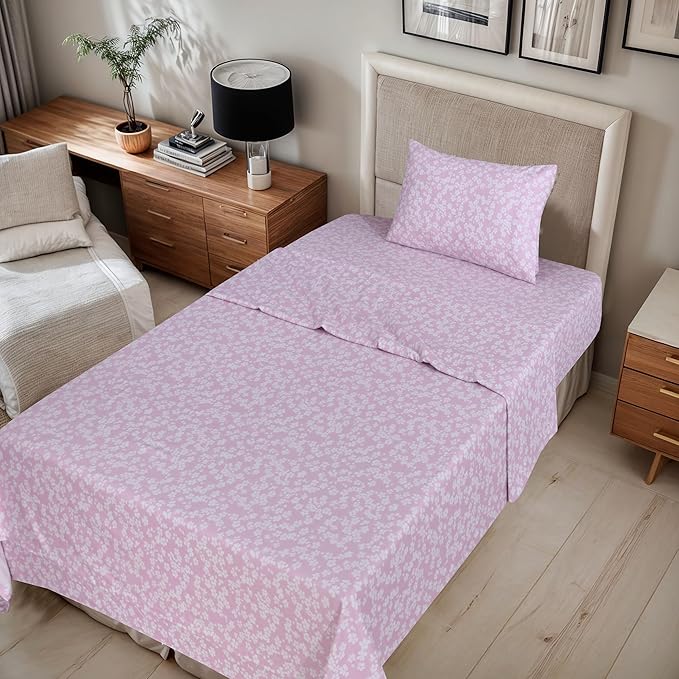 RUVANTI Flannel Sheets Twin XL Size - 100% Cotton Double Brushed Twin XL Sheet Sets, Deep Pockets 16 Inches, All Seasons Breathable & Extra Soft Bed Sheets, Warm & Cozy, 3 Piece, Pink Flora