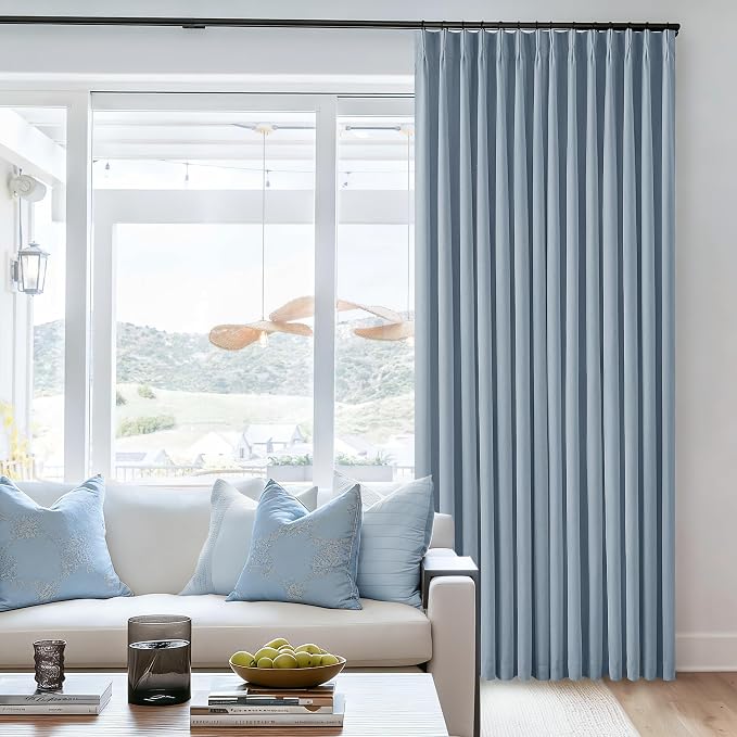 Light Blue Pleated Linen Blackout Curtains 90 Inches Long 2 Panels W40xL90 | - Image 8