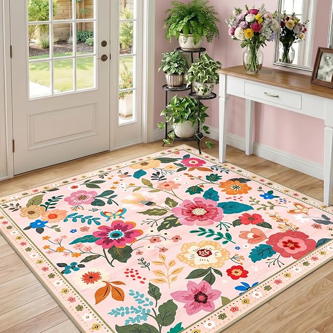 RELEANY Floral Washable Square 4ft Area Rug Pink | Flower Carpet Print Boho - Image 2