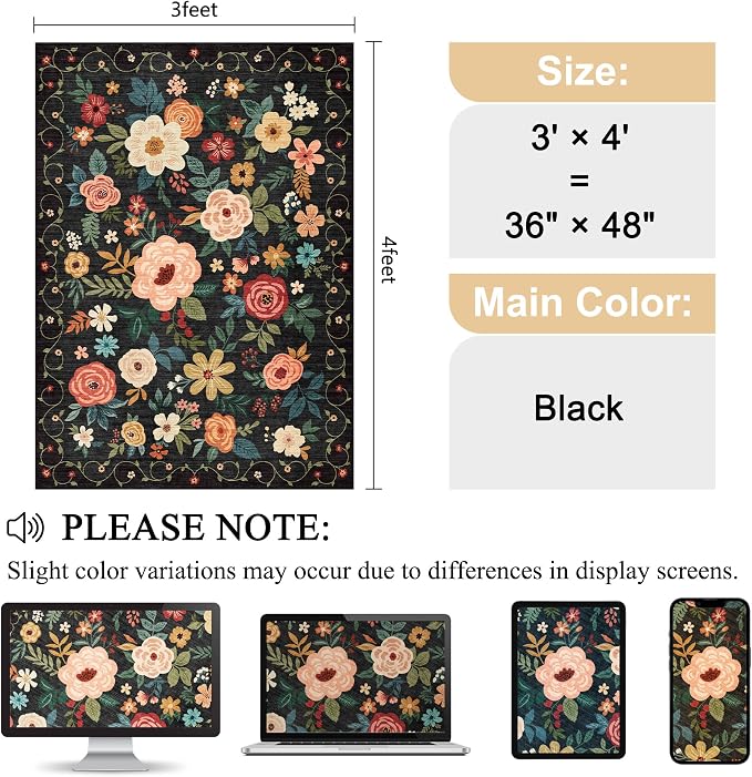 DUKINO 3x4 Area Rug, Floral Washable Rug - Image 2
