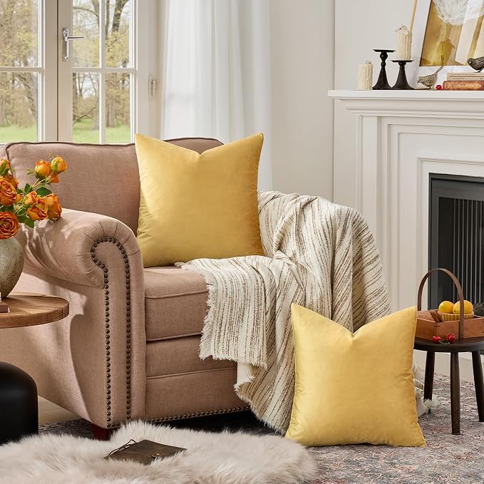 GIGIZAZA Yellow Velvet Pillow Covers 16x16 Decorative Pillows Pack of 2 | Throw - Image 3