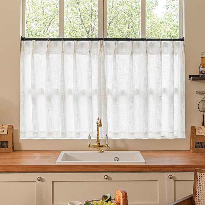 Beige White Linen Kitchen 24 Inch Curtain 2 Panels Pinch Pleat | Off White by Twodrapes