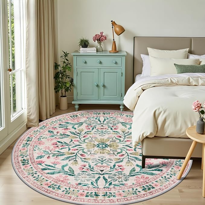PLHXFR Round Area Rug Living Room: 8 ft Floral Washable Carpet Pink Green | - Image 2