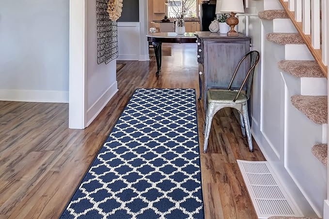 Custom Size Cut to Length Moroccan Trellis Design Runner Rug Mat For Wide Long Hallways with Non-Slip Rubber Backing, Better Traction for Pets, Prevent Slippage, Trellis Navy Blue, 31 inch X 11 feet