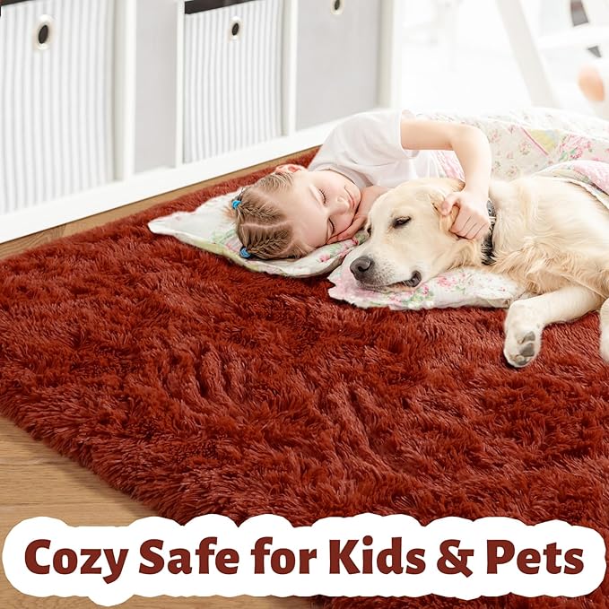 Amdrebio Terracotta Rust Furry Kids Area Rug 4x6 - Image 2