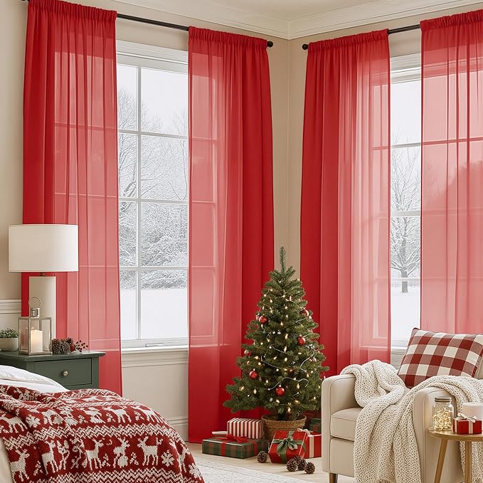 MIULEE Red Christmas Sheer Curtains 84 Inches Long 4 Panels 42 x 84 Inches | - Image 2