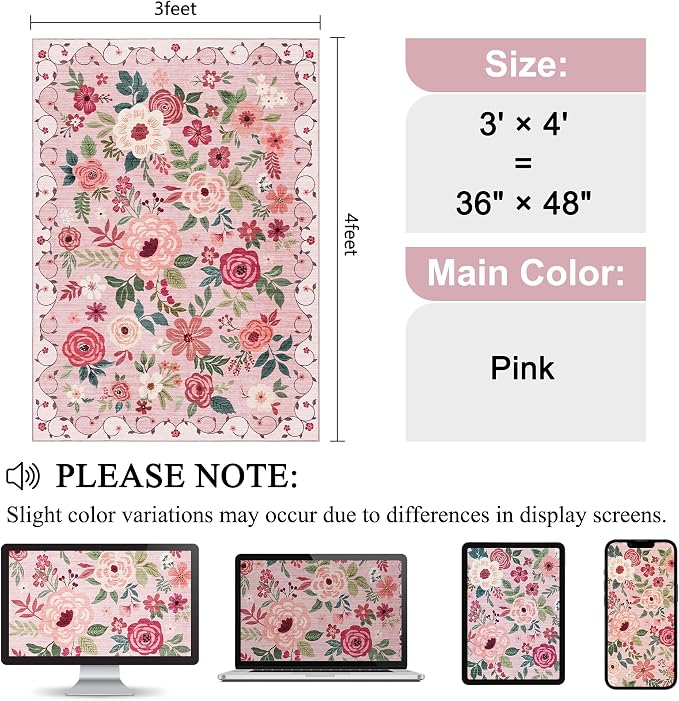 DUKINO 3x4 Area Rug, Floral Washable Rug - Image 2