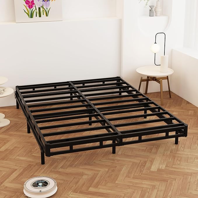 King Size Box Spring 4 Inch Low Profile, Heavy Duty Metal Box Spring Bed Base with Fabric Cover, Mattress Foundation, Easy Assembly, Noise Free, Black