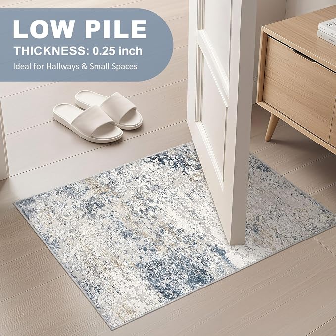 DMOYEST 2x3 Entryway Area Rug Washable Abstract Beige Blue Small Carpet | - Image 4