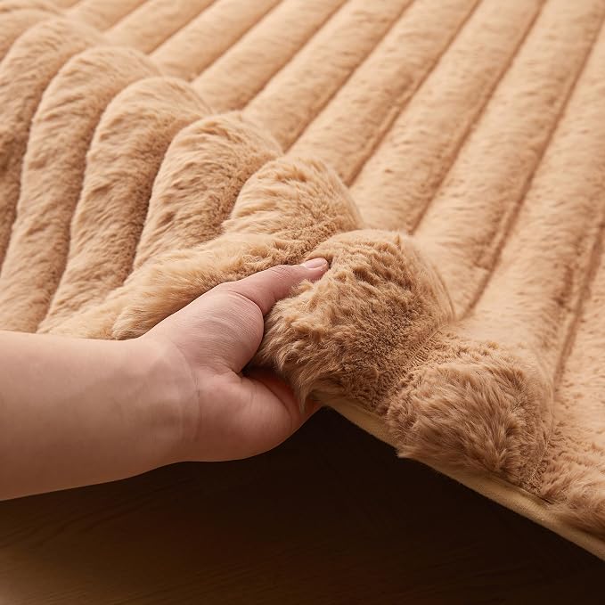 Coffee Rabbit Striped Plush Rug 3'x5', Fluffy Faux Fur Shaggy Area Rug - Image 3