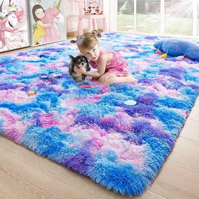 Noahas 6x9 Large Tie-Dyed Blue Purple Pink Fluffy Area Rug Non-Slip by ModernHomeDecor