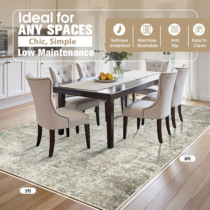 5x8 Area Rugs for Living Room Washable Bedroom Dining Room Beige Brown | Modern - Image 2