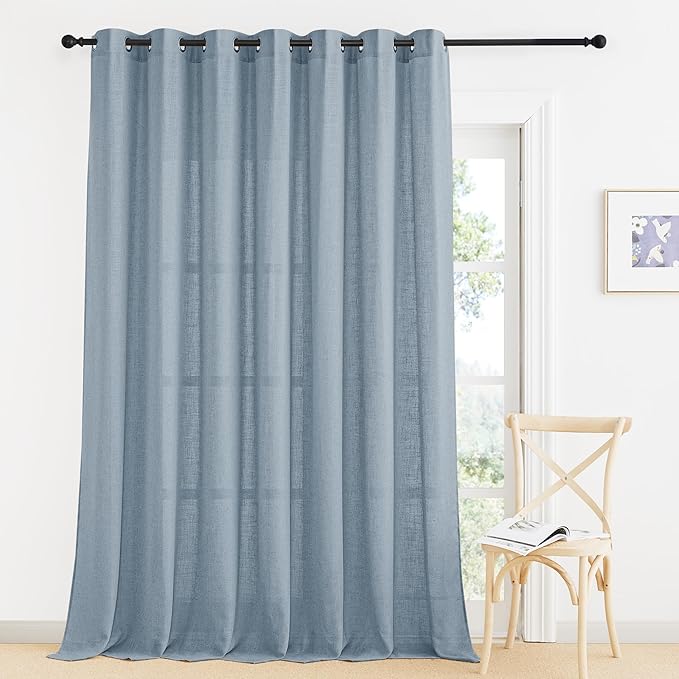 RYB HOME Elegant Semi Sheer Curtains for Nursery Kids Room, Linen Blended Burlap Fabric Light Filtering Breathable Bohemian Home Decor for Living Room Bedroom, Dusty Blue, W 100 x L 90, 1 Pc
