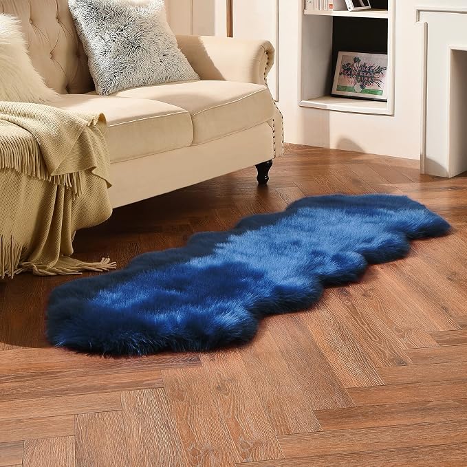 duduta Navy Blue Faux Sheepskin Runner Rugs 2x6 ft, Fluffy Fur Couch Covers | - Image 6