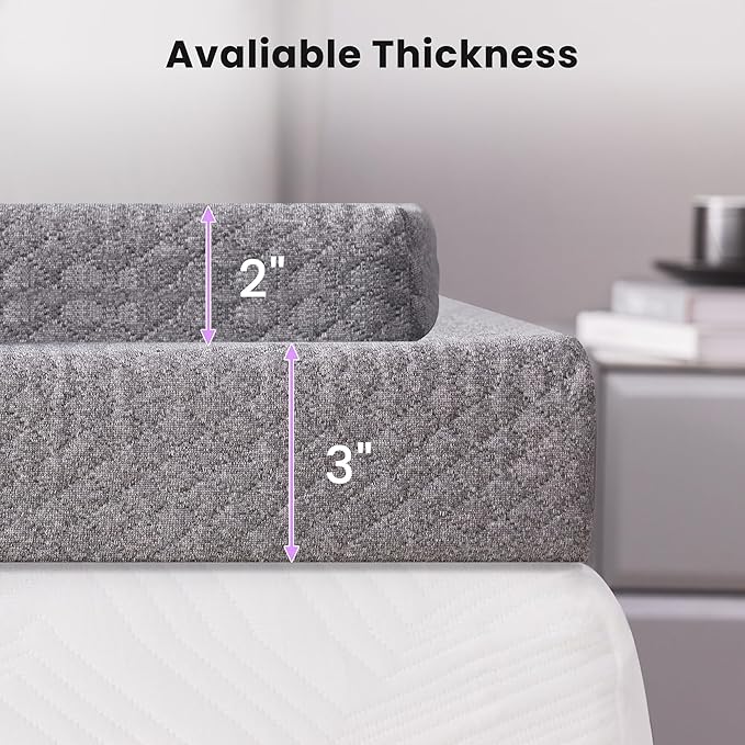 SINWEEK 2 Inch Gel Memory Foam Mattress Topper Twin XL Size/Twin Extra Long, Ventilated High Density Pad for Back Pain, Bed Topper with Removable Soft Cover, CertiPUR-US Certified,Grey