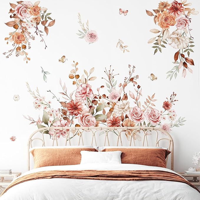 wondever Hanging Flower Vine Wall Stickers Boho Floral Leaves Peel and Stick Wall Art Decals for Living Room Girls Bedroom TV Wall