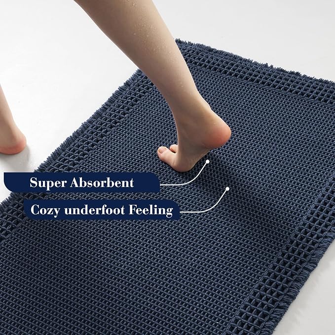 RESARE Waffle Bathroom Runner Rugs, Non Slip Boho Bath Mat 24"x60" Navy | Long - Image 3