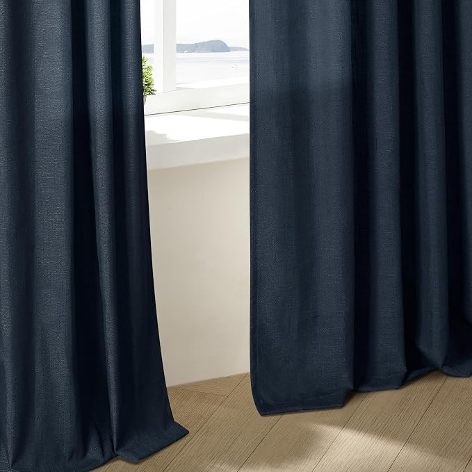Navy Pinch Pleated Linen Semi Sheer Short Curtains 45 Inch Length 2 Panels | - Image 6