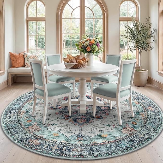 RELEANY Washable Area Rug, Round 7ft, Teal Green/White/Navy | Non-Slip by RELEANY