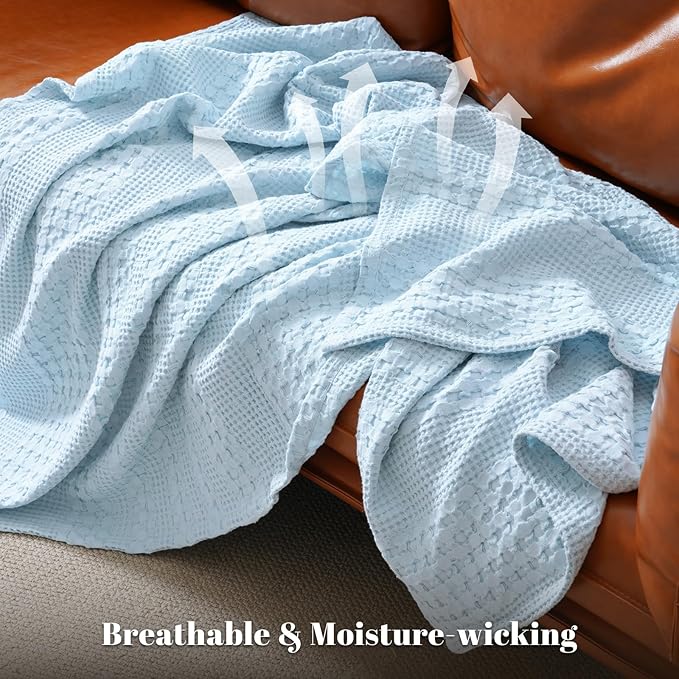 PHF 100% Cotton Waffle Weave Blanket Twin Size for Bed, Soft Lightweight & Breathable, All-Season Comfort, Luxury Aesthetic Woven Bedding for Home Decor, 66"x90", Baby Blue