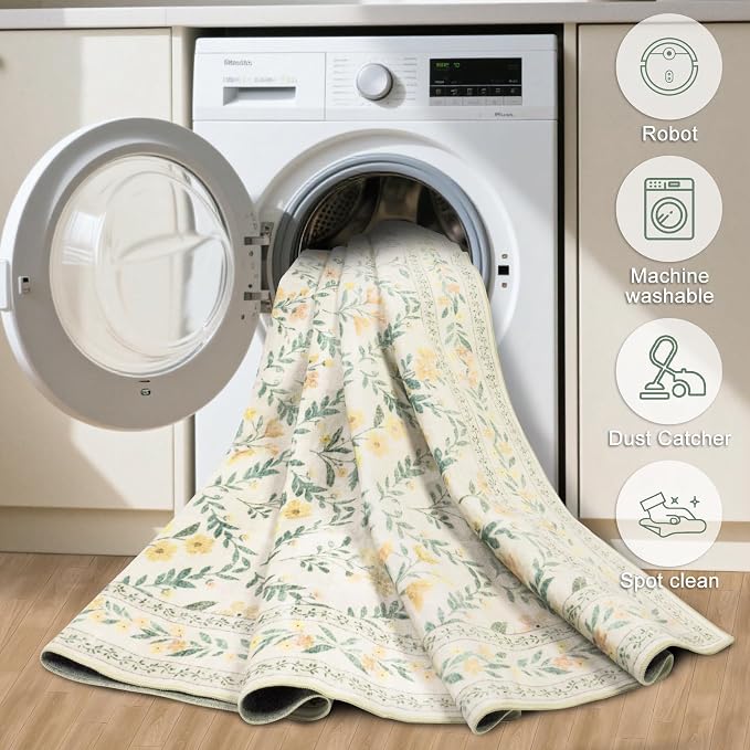 PLHXFR 2.6x10 Washable Runner Rug：Floral Indoor Kitchen Carpet Beige Multi | - Image 9