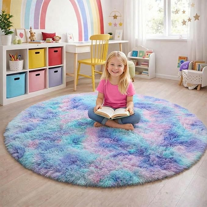 Amdrebio Purple Rainbow Mermaid Shag Round Rug 5Ft - Image 3