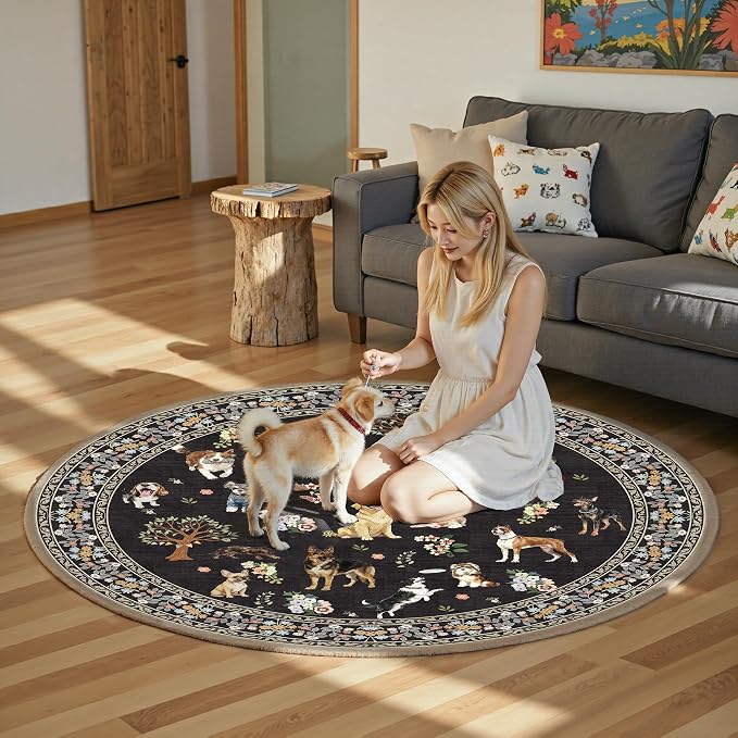 Black 4Ft Round Dogs Area Rug for Living Room Bedroom | Stain Resistant; Non - Image 3
