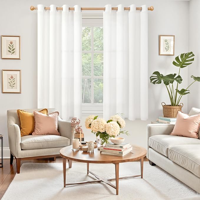 YoungsTex White Linen Semi Sheer Curtains 45 Inch Length - Image 2