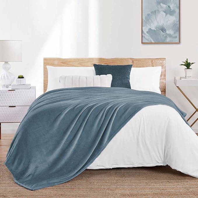 Walensee Fleece Blanket Plush Throw Fuzzy Lightweight (Queen Size 90x90 Washed Blue/Slate Blue/Grey Blue) Super Soft Microfiber Flannel Blankets for Couch, Bed, Sofa Warm and Cozy for All Seasons