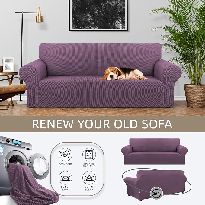 Stretch Couch Covers for Sofa, 3 Cushion Couch Slipcover, Dark Purple | 1-Piece - Image 3
