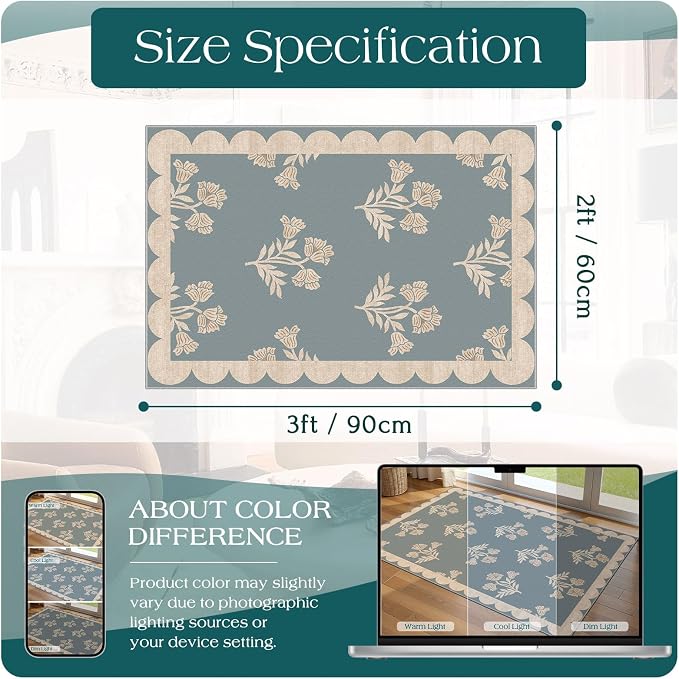 Front Door Mat Indoor Outside Entrance 2x3 Blue Scalloped Entry Rug | Non-Slip - Image 2
