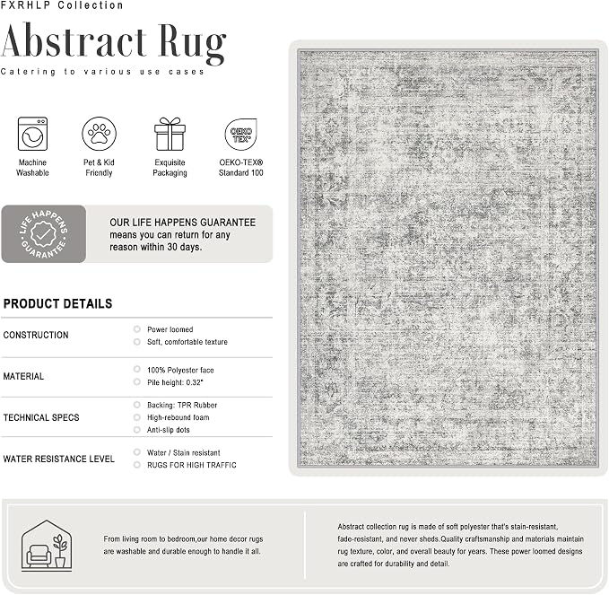 2x5 Washable Runner Rug：Modern Abstract Soft Carpet Black Grey | - Image 3