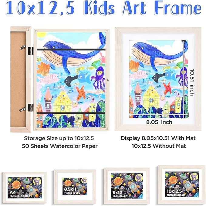 KINLINK 10x12.5 Kids Art Frames Set of 2, Solid Wood Kids Artwork Frames Changeable with Acrylic Front Opening Holds 150 Pictures, Art Frame for Kids Artwork with Mat or without Mat, White Wood