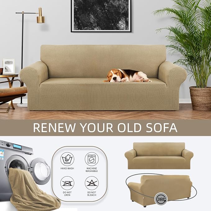 Stretch Couch Covers for Sofa, 3 Cushion Couch Slipcover, Tan | 1-Piece - Image 2