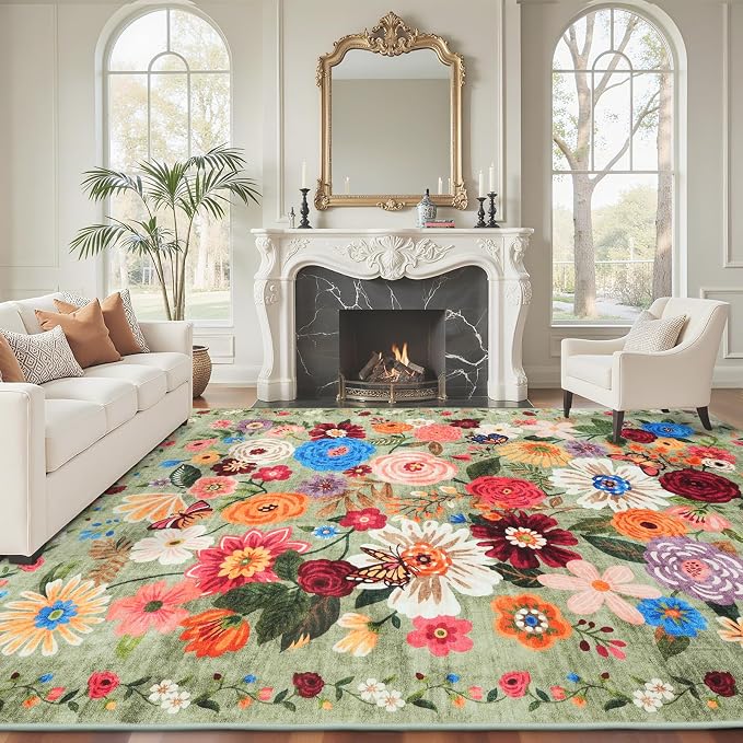Floral Area Rug 9x12 for Living Room Bedroom | Low Pile; Non Slip;Machine by WelcometoBabovid