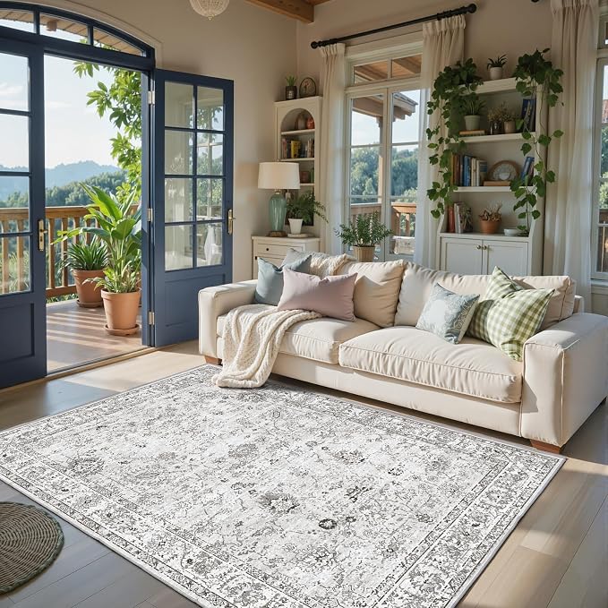 Grey Floral Area Rug 4x6 for Bedroom Dining Room | Boho Style; Low Pile; Non - Image 6