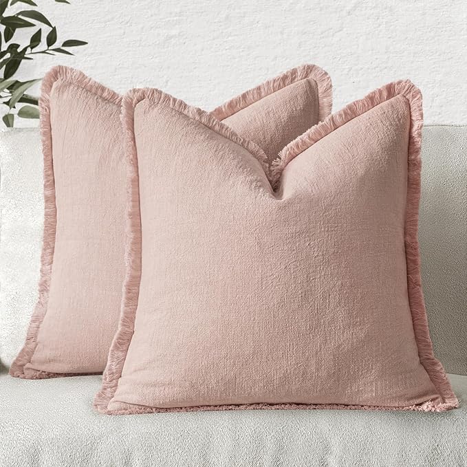 MIULEE Boho Linen Fringe Decorative Throw Pillow Covers Light Pink 18x18 | Set by MIULEE