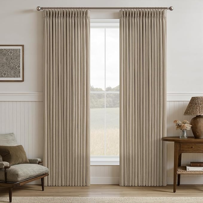 80 Inch Grey Beige Linen Pleated Memory Shaped Semi Sheer Curtains 50WxL80 | by Twodrapes