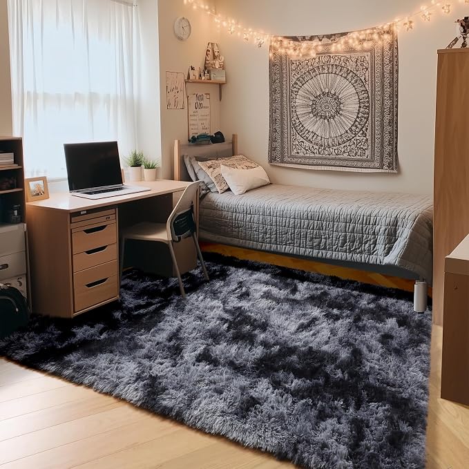 Area Rugs for Bedroom Living Room, Fluffy Tie-Dyed Dark Grey 4x6 Indoor Bedside - Image 2
