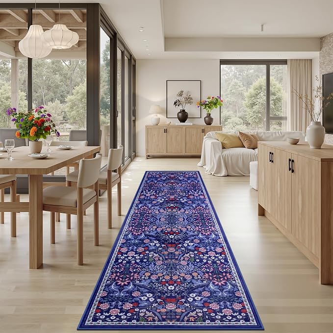 PLHXFR 3x10 Washable Runner Rug：Floral Indoor Kitchen Soft Carpet Blue | - Image 4