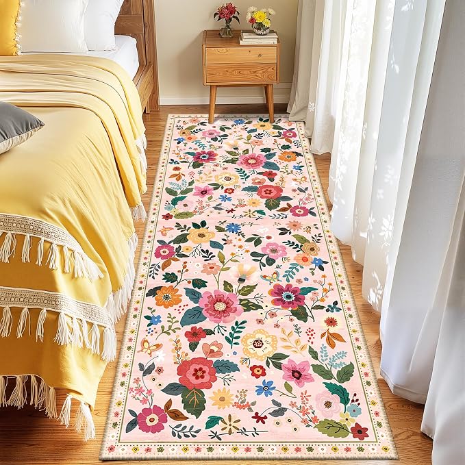 Floral Washable 2x10 Area Rugs Runner Entryway Hallway Pink | Flower Carpet - Image 6