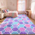 Checkered 8x10 Area Rugs for Living Room, Fluffy Purple Rainbow Girls Rug | by ONASAR