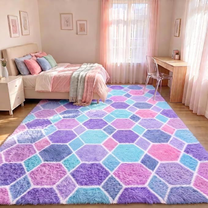 Checkered 8x10 Area Rugs for Living Room, Fluffy Purple Rainbow Girls Rug | by ONASAR