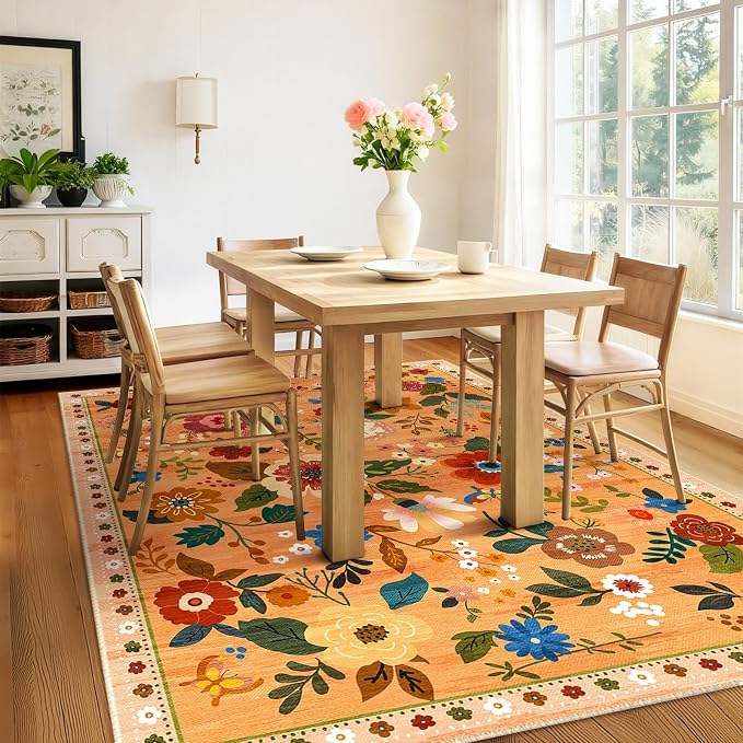 RELEANY Floral Washable 6x9 Area Rugs Yellow/Orange/Red | Flower Carpet Print - Image 8